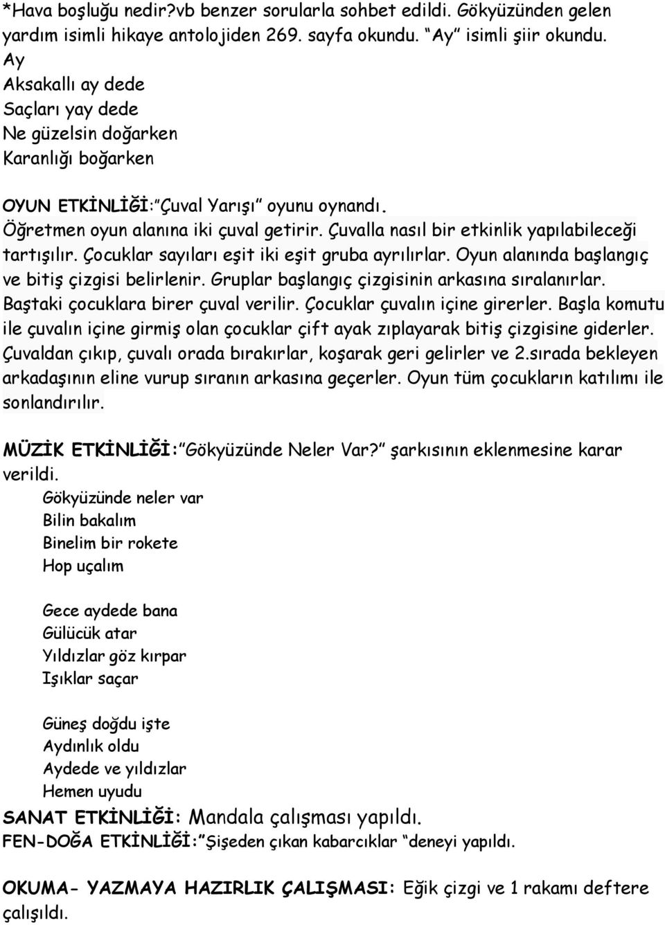 Çuvalla nasıl bir etkinlik yapılabileceği tartışılır. Çocuklar sayıları eşit iki eşit gruba ayrılırlar. Oyun alanında başlangıç ve bitiş çizgisi belirlenir.