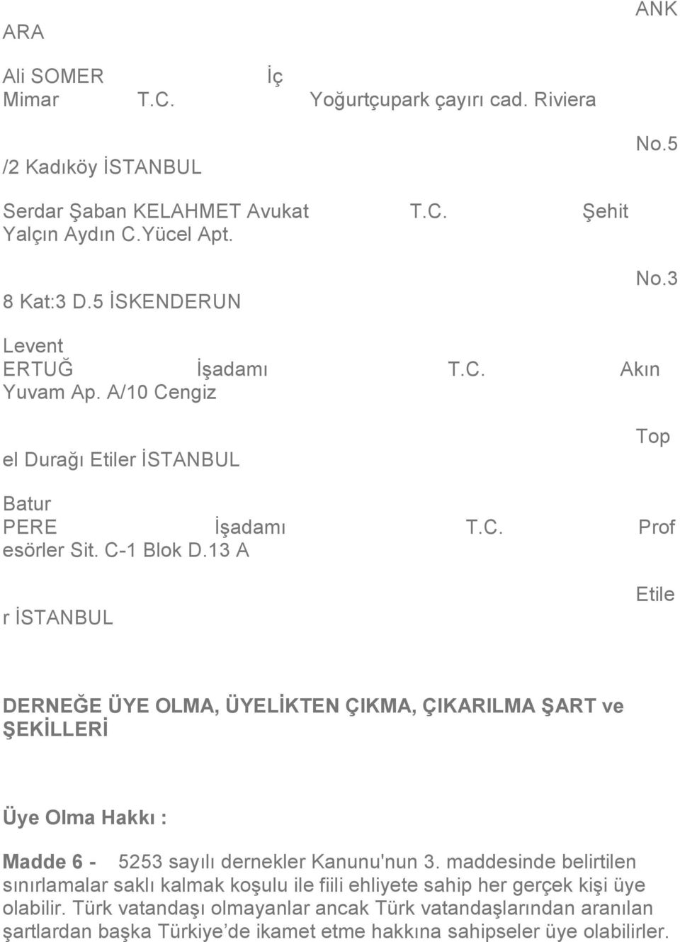 13 A r İSTANBUL Etile DERNEĞE ÜYE OLMA, ÜYELİKTEN ÇIKMA, ÇIKARILMA ŞART ve ŞEKİLLERİ Üye Olma Hakkı : Madde 6-5253 sayılı dernekler Kanunu'nun 3.