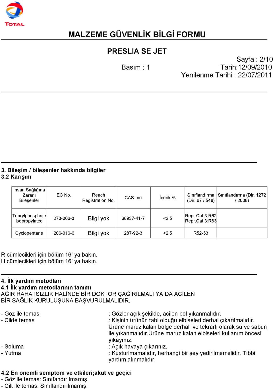 H cümlecikleri için bölüm 16 ya bakın. 4. İlk yardım metodları 4.1 İlk yardım metodlarının tanımı AĞIR RAHATSIZLIK HALİNDE BİR DOKTOR ÇAĞIRILMALI YA DA ACİLEN BİR SAĞLIK KURULUŞUNA BAŞVURULMALIDIR.