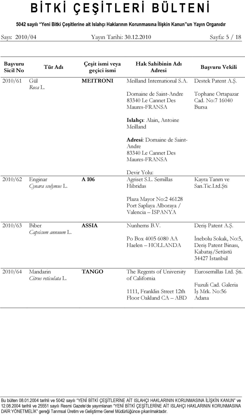 No:7 16040 Bursa Islahçı: Alain, Antoine Meilland Adresi: Domaine de Saint- Andre 83340 Le Cannet Des Maures-FRANSA 2010/62 Enginar Cynara scolymus L. A 106 Devir Yolu: Agriset S.L. Semillas Hibridas Kayra Tarım ve San.