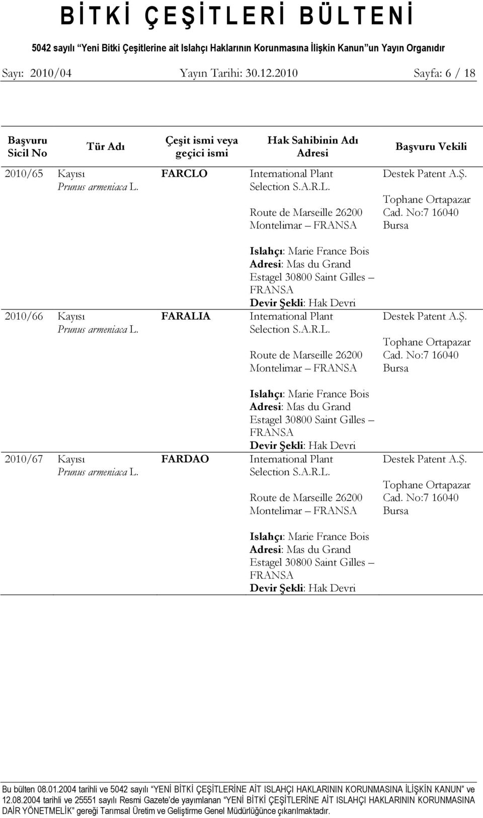 FARALIA Islahçı: Marie France Bois Adresi: Mas du Grand Estagel 30800 Saint Gilles FRANSA Devir ġekli: Hak Devri International Plant Selection S.A.R.L. Route de Marseille 26200 Montelimar FRANSA Destek Patent A.