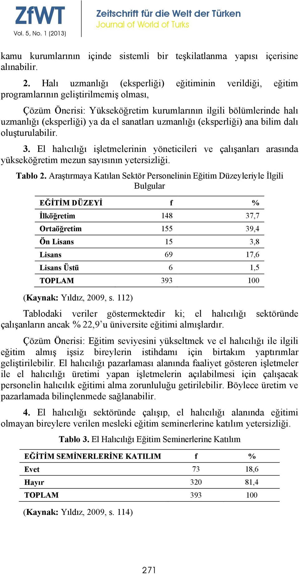 sanatları uzmanlığı (eksperliği) ana bilim dalı oluşturulabilir. 3. El halıcılığı işletmelerinin yöneticileri ve çalışanları arasında yükseköğretim mezun sayısının yetersizliği. Tablo 2.