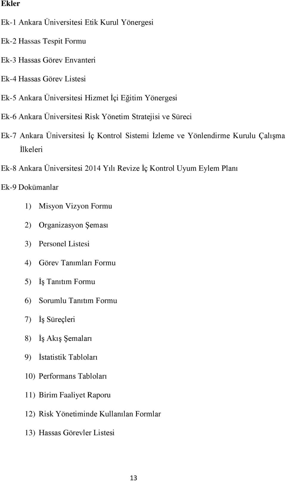 Revize İç Kontrol Uyum Eylem Planı Ek-9 Dokümanlar 1) Misyon Vizyon Formu 2) Organizasyon Şeması 3) Personel Listesi 4) Görev Tanımları Formu 5) İş Tanıtım Formu 6) Sorumlu Tanıtım