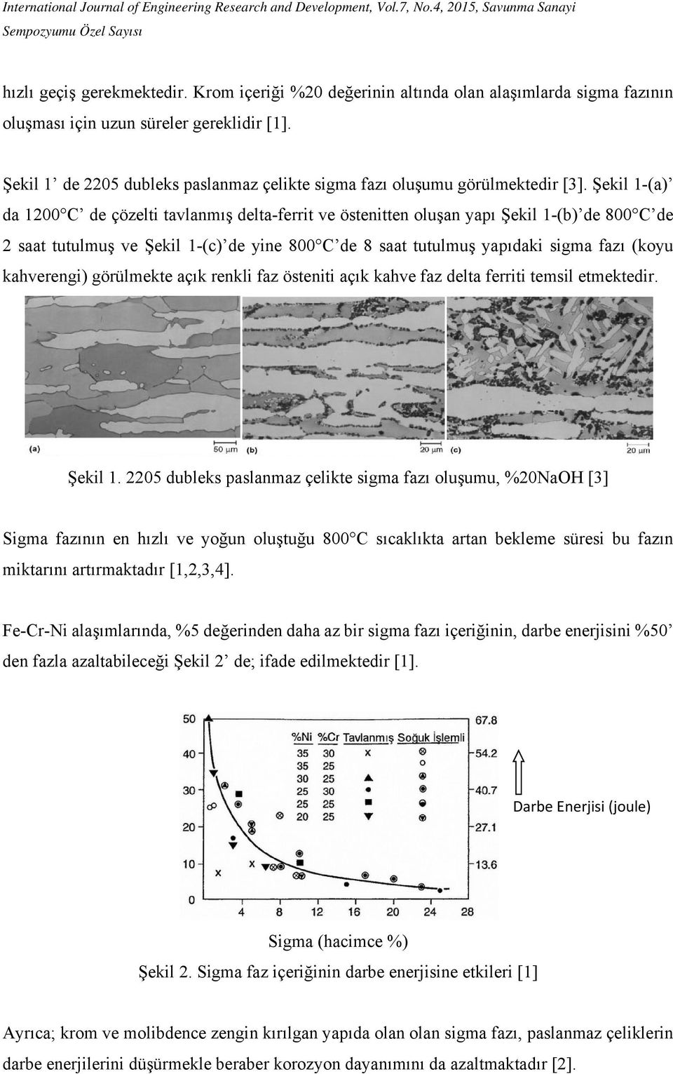 Şekil 1-(a) da 1200 C de çözelti tavlanmış delta-ferrit ve östenitten oluşan yapı Şekil 1-(b) de 800 C de 2 saat tutulmuş ve Şekil 1-(c) de yine 800 C de 8 saat tutulmuş yapıdaki sigma fazı (koyu