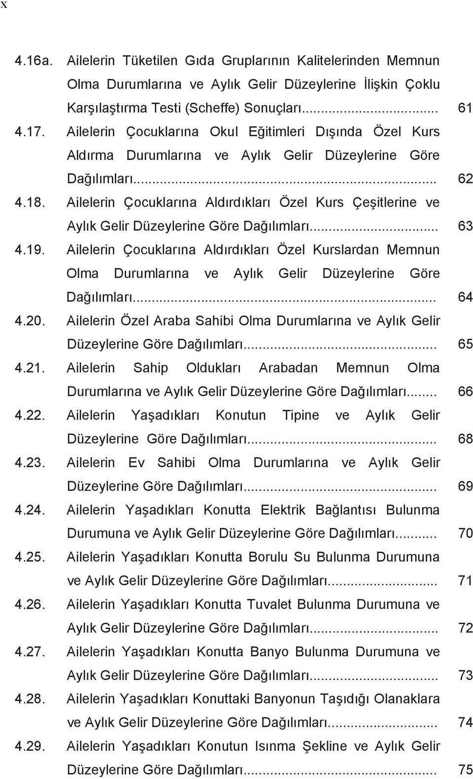 Ailelerin Çocuklar na Ald rd klar Özel Kurs Çe itlerine ve Ayl k Gelir Düzeylerine Göre Da l mlar... 63 4.19.