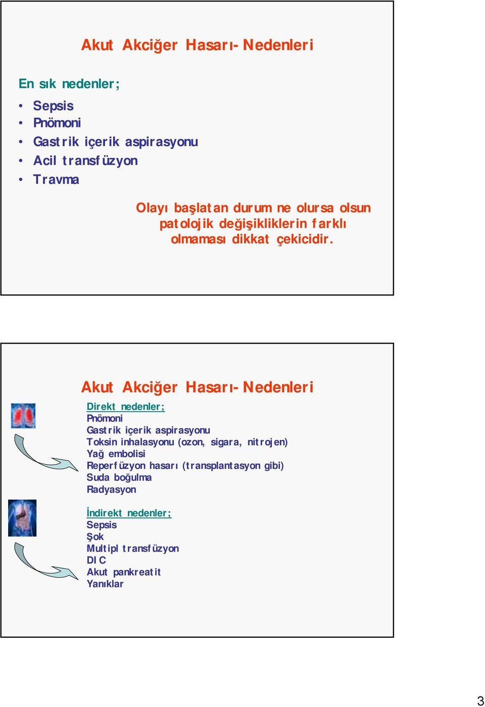 Akut Akciğer Hasarı-Nedenleri Direkt nedenler; Pnömoni Gastrik içerik aspirasyonu Toksin inhalasyonu (ozon, sigara,