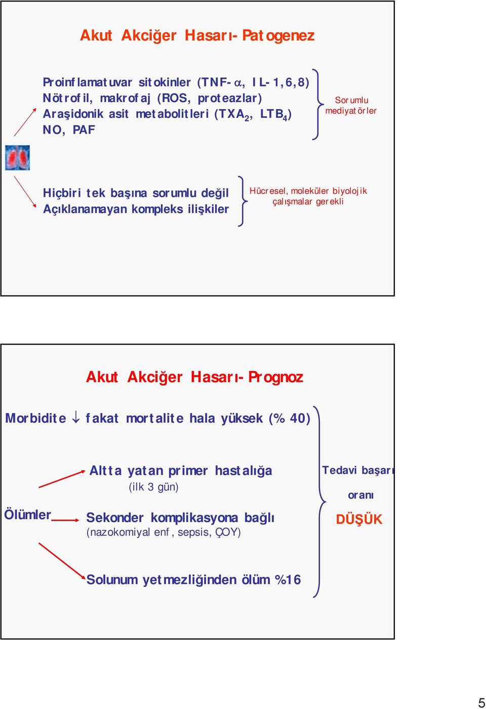 moleküler biyolojik çalışmalar gerekli Akut Akciğer Hasarı-Prognoz Morbidite fakat mortalite hala yüksek (% 40) Ölümler Altta yatan