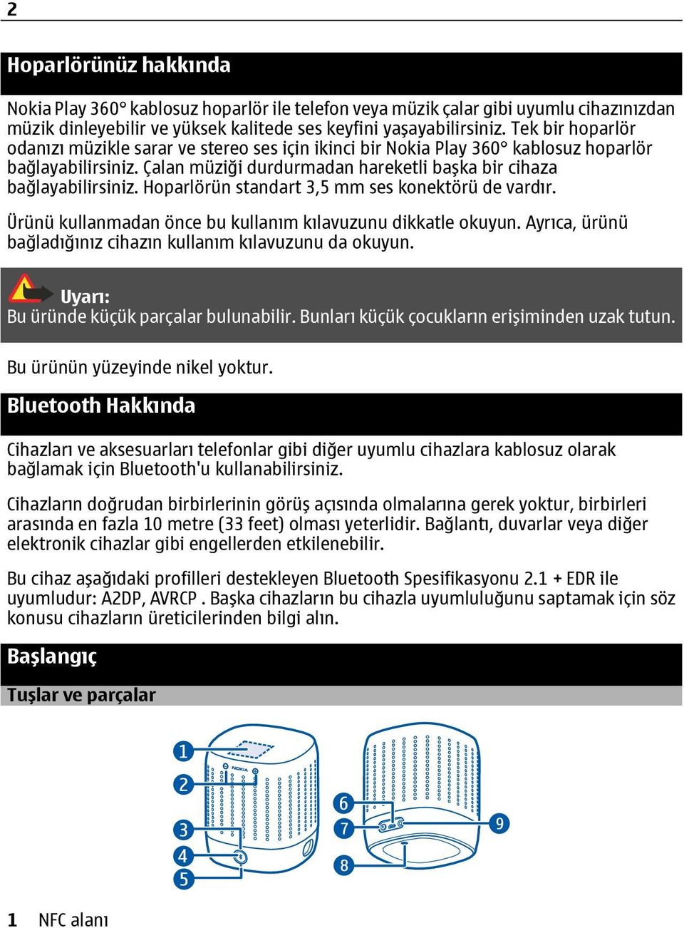 Hoparlörün standart 3,5 mm ses konektörü de vardır. Ürünü kullanmadan önce bu kullanım kılavuzunu dikkatle okuyun. Ayrıca, ürünü bağladığınız cihazın kullanım kılavuzunu da okuyun.