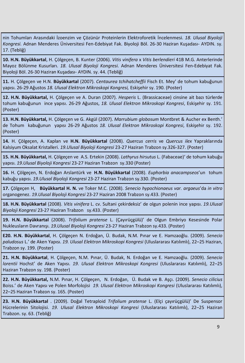 Ulusal Biyoloji Kongresi. Adnan Menderes Üniversitesi Fen-Edebiyat Fak. Biyoloji Böl. 26-30 Haziran Kuşadası- AYDIN. sy. 44. (Tebliğ) 11. H. Çölgeçen ve H.N. Büyükkartal (2007).