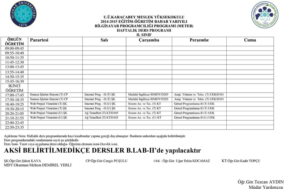 II (T) ŞK Mesleki İngilizce-II/MDY/D205 Araşt. Yöntem ve Tekn. (T) UEK/D101 17:50-18:35 Sunucu İşletim Sistemi (T) CP İnternet Prog. II (T) ŞK Mesleki İngilizce-II/MDY/D205 Araşt. Yöntem ve Tekn. (T) UEK/D101 18:40-19:25 Web Projesi Yönetimi (T) ŞK İnternet Prog.