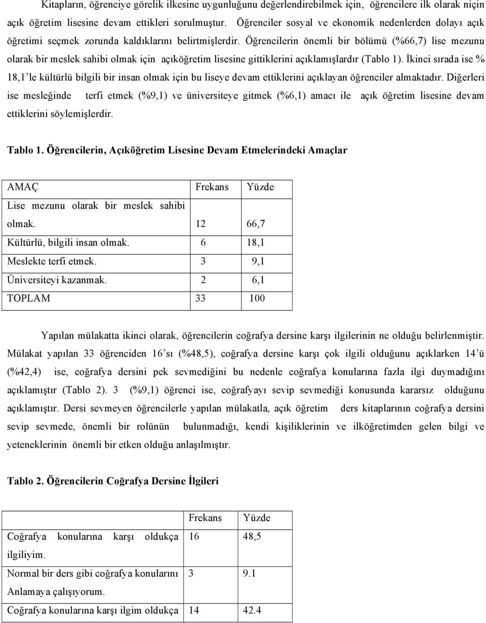 Öğrencilerin önemli bir bölümü (%66,7) lise mezunu olarak bir meslek sahibi olmak için açıköğretim lisesine gittiklerini açıklamışlardır (Tablo 1).