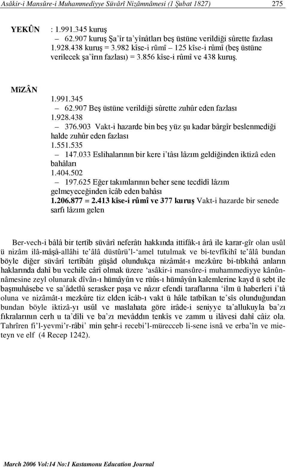 903 Vakt-i hazarde bin beş yüz şu kadar bârgîr beslenmediği halde zuhûr eden fazlası 1.551.535 147.033 Eslihalarının bir kere i tâsı lâzım geldiğinden iktizâ eden bahâları 1.404.502 197.