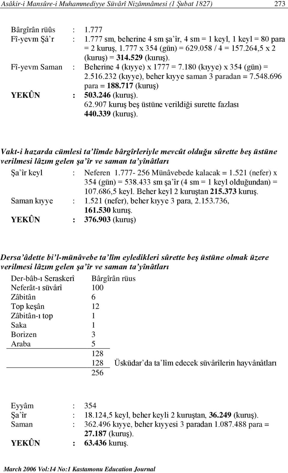 696 para = 188.717 (kuruş) YEKÛN : 503.246 (kuruş). 62.907 kuruş beş üstüne verildiği surette fazlası 440.339 (kuruş).