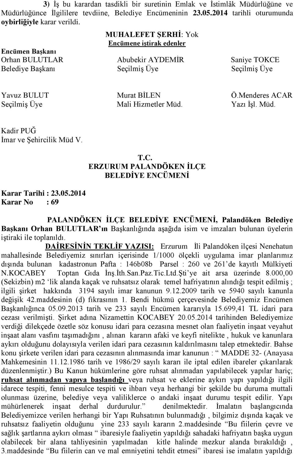 2014 Karar No : 69 PALANDÖKEN İLÇE, Palandöken Belediye Başkanı Orhan BULUTLAR ın Başkanlığında aşağıda isim ve imzaları bulunan üyelerin iştiraki ile toplanıldı.