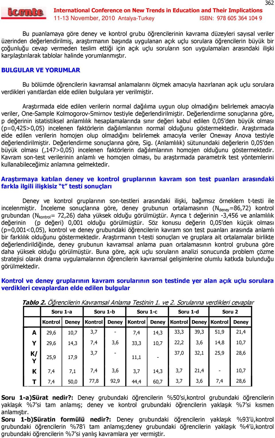 BULGULAR VE YORUMLAR Bu bölümde öğrencilerin kavramsal anlamalarını ölçmek amacıyla hazırlanan açık uçlu sorulara verdikleri yanıtlardan elde edilen bulgulara yer verilmiştir.