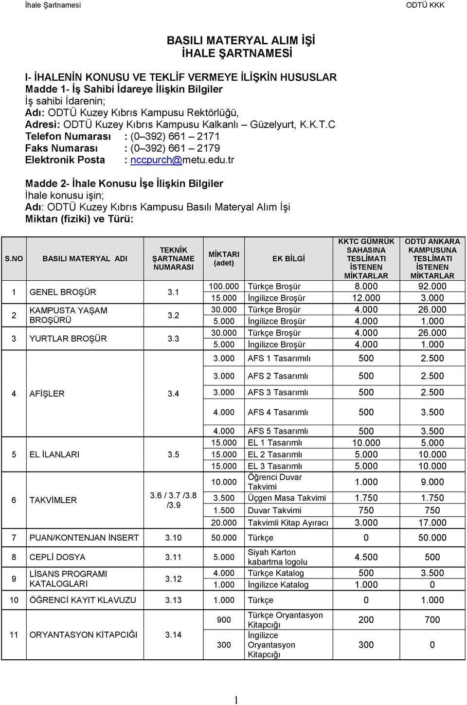 tr Madde 2- İhale Konusu İşe İlişkin Bilgiler İhale konusu işin; Adı: ODTÜ Kuzey Kıbrıs Kampusu Basılı Materyal Alım İşi Miktarı (fiziki) ve Türü: S.