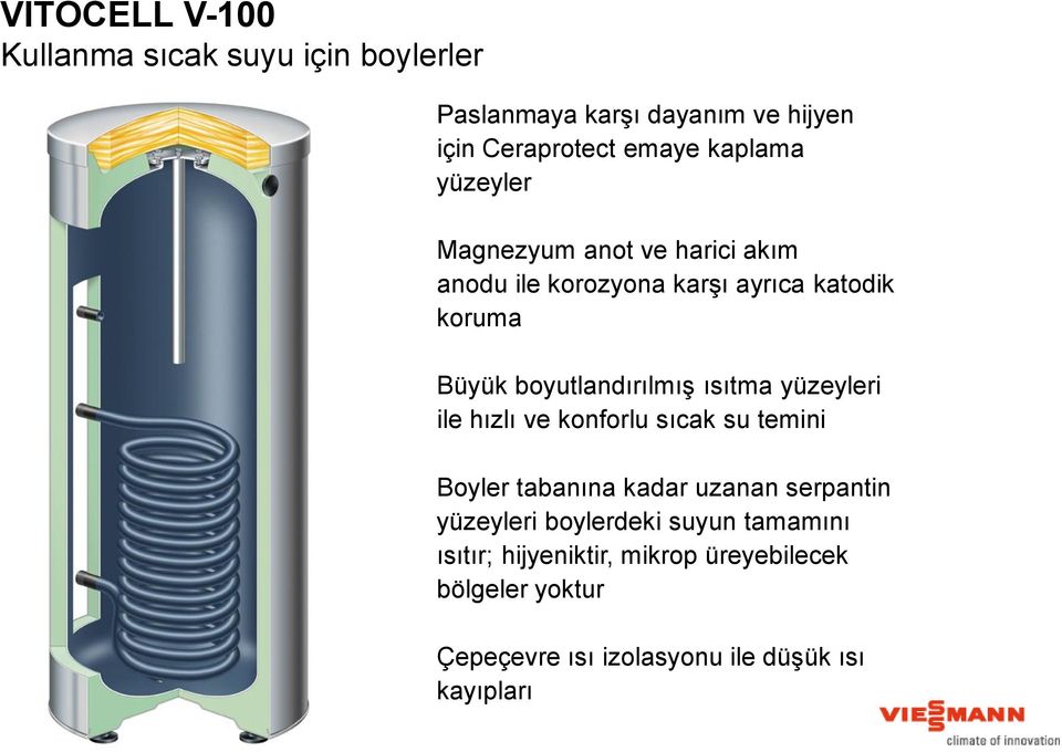 ısıtma yüzeyleri ile hızlı ve konforlu sıcak su temini Boyler tabanına kadar uzanan serpantin yüzeyleri boylerdeki