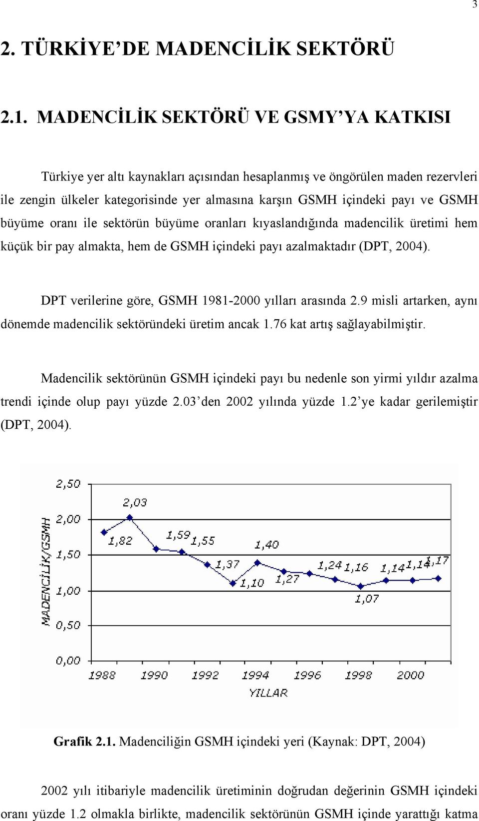 büyüme oranı ile sektörün büyüme oranları kıyaslandığında madencilik üretimi hem küçük bir pay almakta, hem de GSMH içindeki payı azalmaktadır (DPT, 4).