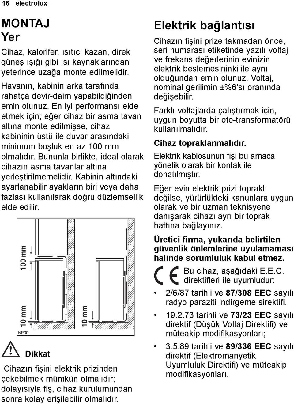 En iyi performansı elde etmek için; eğer cihaz bir asma tavan altına monte edilmişse, cihaz kabininin üstü ile duvar arasındaki minimum boşluk en az 100 mm olmalıdır.