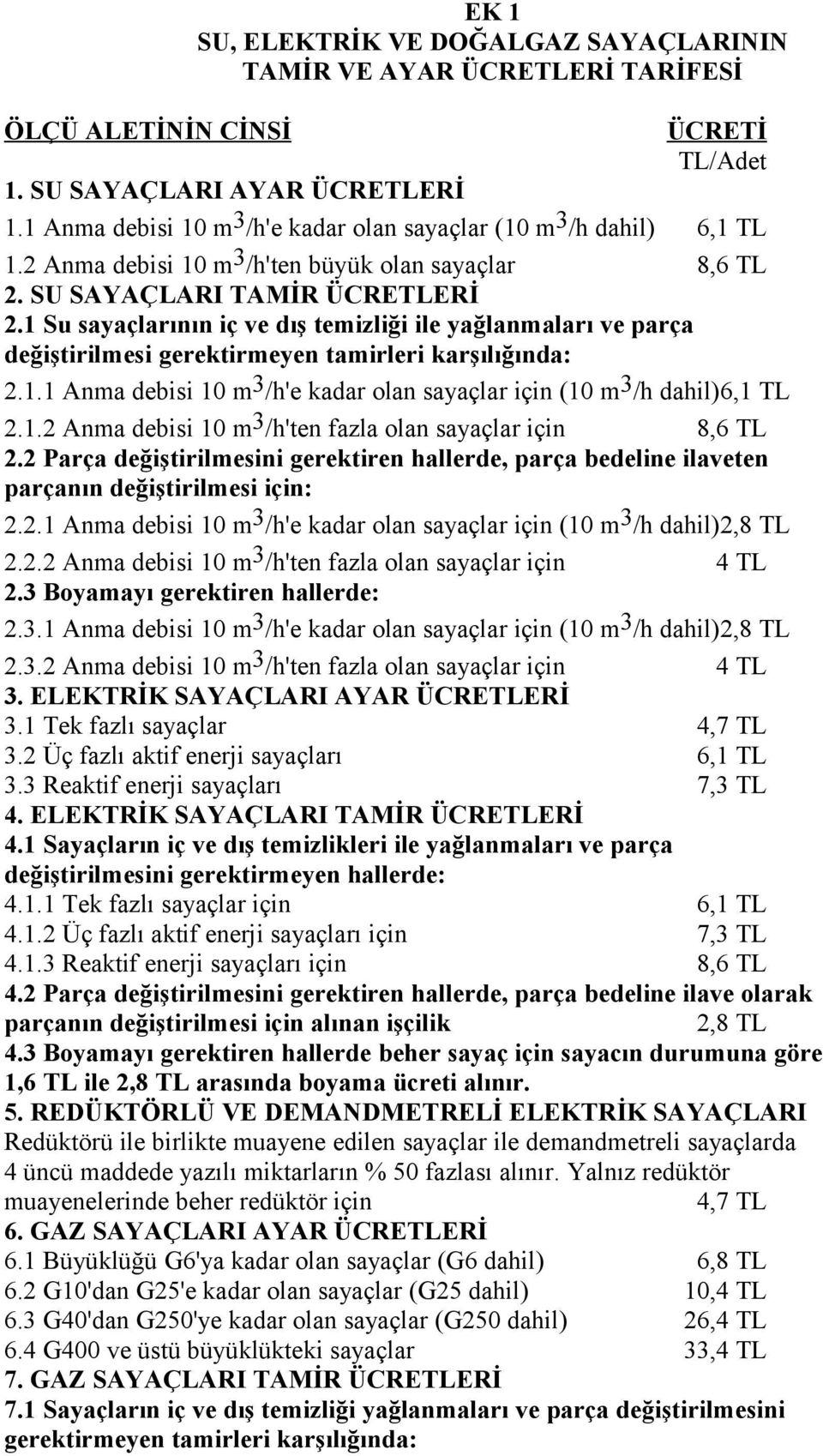 1 Su sayaçlarının iç ve dış temizliği ile yağlanmaları ve parça değiştirilmesi gerektirmeyen tamirleri karşılığında: 2.1.1 Anma debisi 10 m 3 /h'e kadar olan sayaçlar için (10 m 3 /h dahil)6,1 TL 2.1.2 Anma debisi 10 m 3 /h'ten fazla olan sayaçlar için 8,6 TL 2.