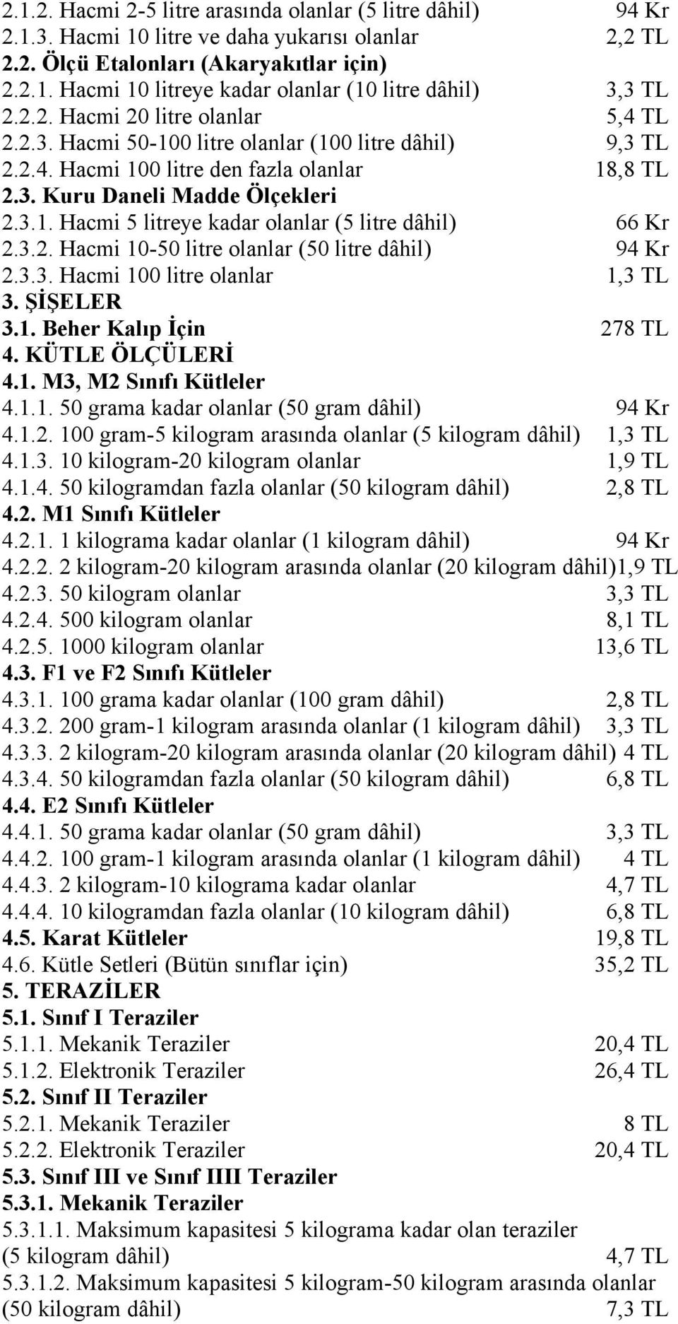 3.2. Hacmi 10-50 litre olanlar (50 litre dâhil) 94 Kr 2.3.3. Hacmi 100 litre olanlar 1,3 TL 3. ŞİŞELER 3.1. Beher Kalıp İçin 278 TL 4. KÜTLE ÖLÇÜLERİ 4.1. M3, M2 Sınıfı Kütleler 4.1.1. 50 grama kadar olanlar (50 gram dâhil) 94 Kr 4.