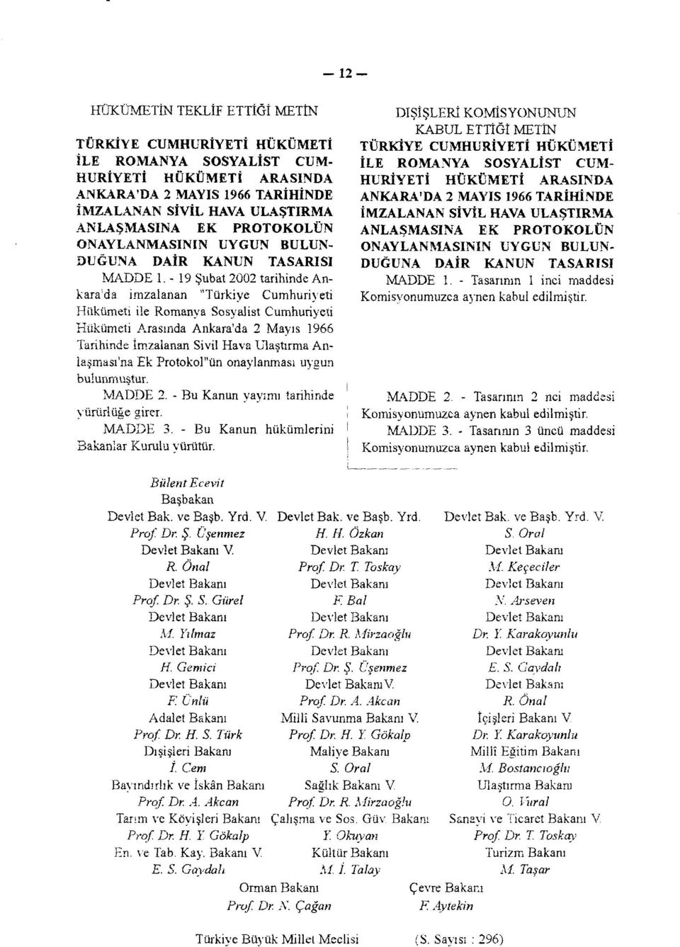 -19 Şubat 2002 tarihinde Ankara'da imzalanan "Türkiye Cumhuriyeti Hükümeti ile Romanya Sosyalist Cumhuriyeti Hükümeti Arasında Ankara'da 2 Mayıs 1966 Tarihinde İmzalanan Sivil Hava Ulaştırma