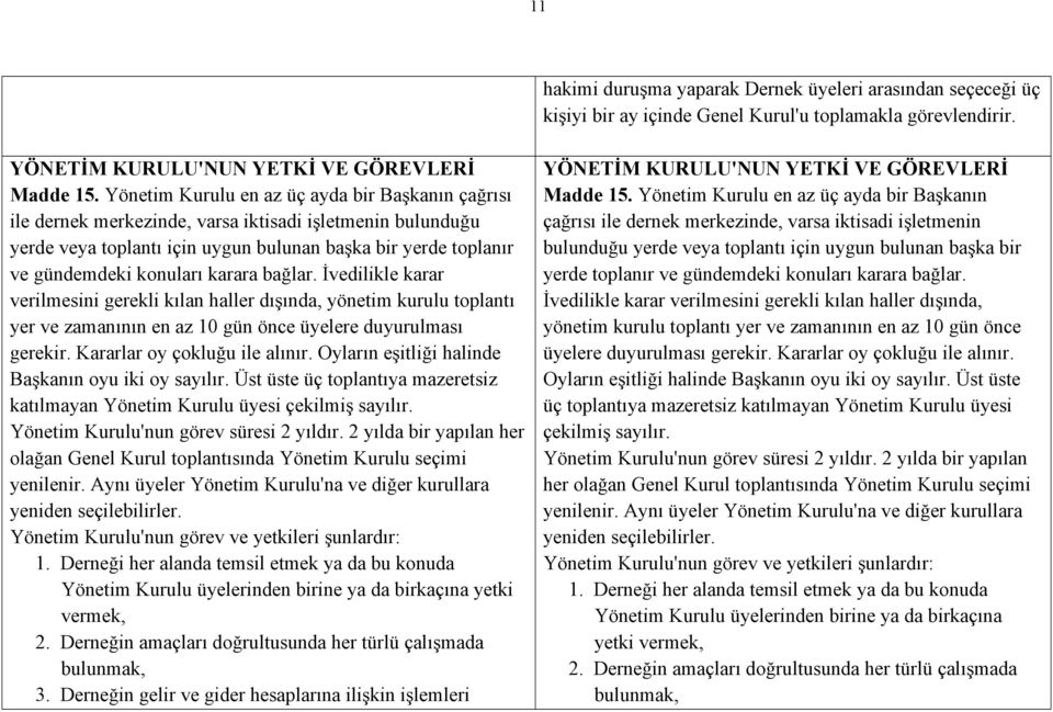 karara bağlar. İvedilikle karar verilmesini gerekli kılan haller dışında, yönetim kurulu toplantı yer ve zamanının en az 10 gün önce üyelere duyurulması gerekir. Kararlar oy çokluğu ile alınır.