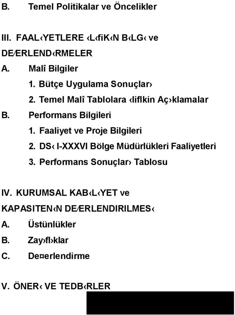 Faaliyet ve Proje Bilgileri 2. DS I-XXXVI Bölge Müdürlükleri Faaliyetleri 3.