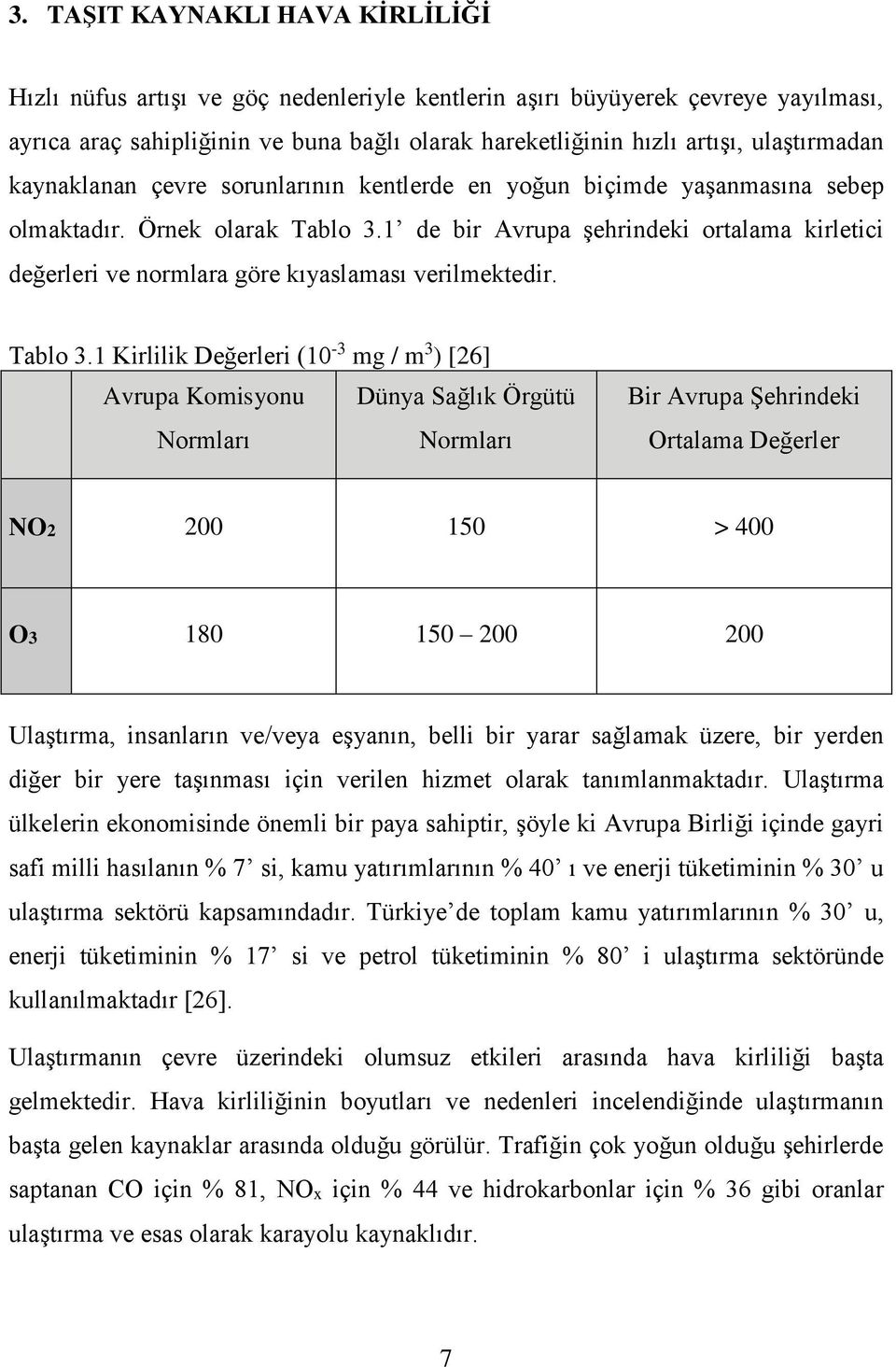 1 de bir Avrupa şehrindeki ortalama kirletici değerleri ve normlara göre kıyaslaması verilmektedir. Tablo 3.