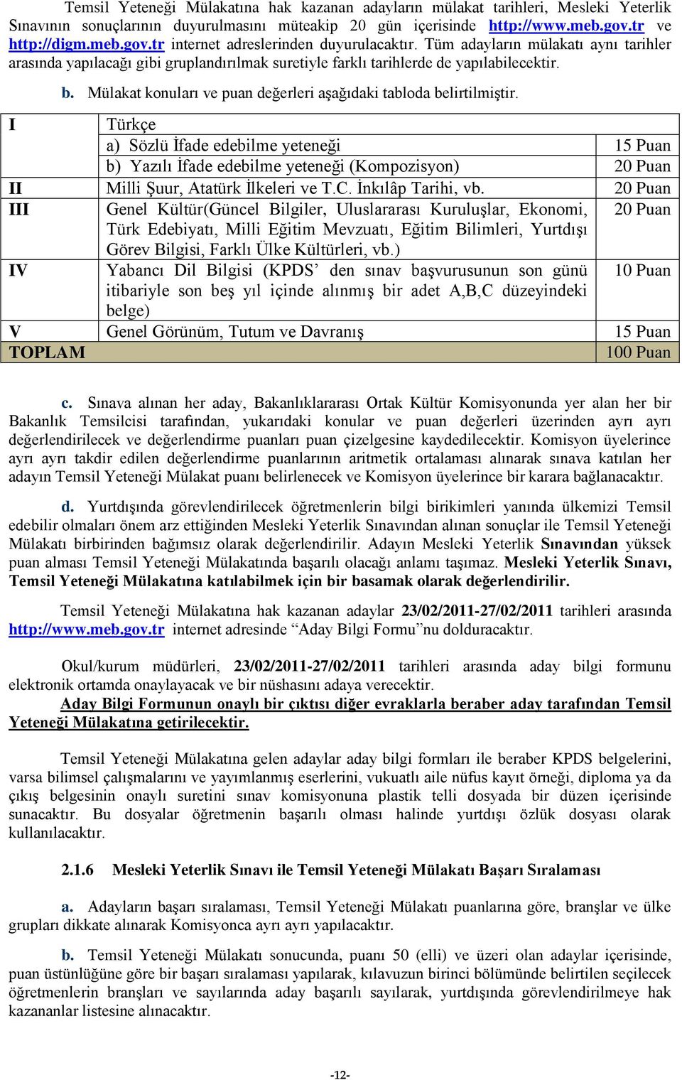 Mülakat konuları ve puan değerleri aşağıdaki tabloda belirtilmiştir.