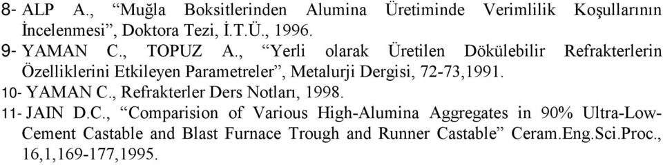 , Yerli olarak Üretilen Dökülebilir Refrakterlerin Özelliklerini Etkileyen Parametreler, Metalurji Dergisi, 72-73,1991.