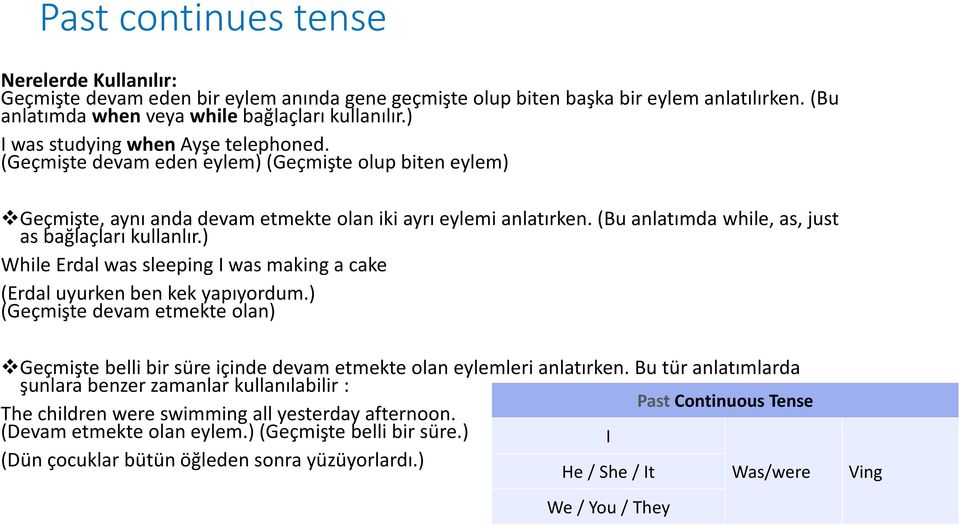 (Bu anlatımda while, as, just as bağlaçları kullanlır.) While Erdal was sleeping I was making a cake (Erdal uyurken ben kek yapıyordum.