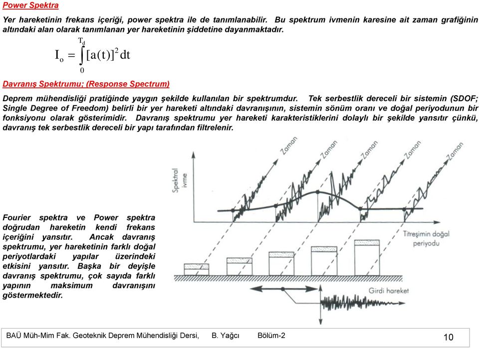 I o T d 0 [a(t)] 2 dt Davranış Spektrumu; (Response Spectrum) Deprem mühendisliği pratiğinde yaygın şekilde kullanılan bir spektrumdur.