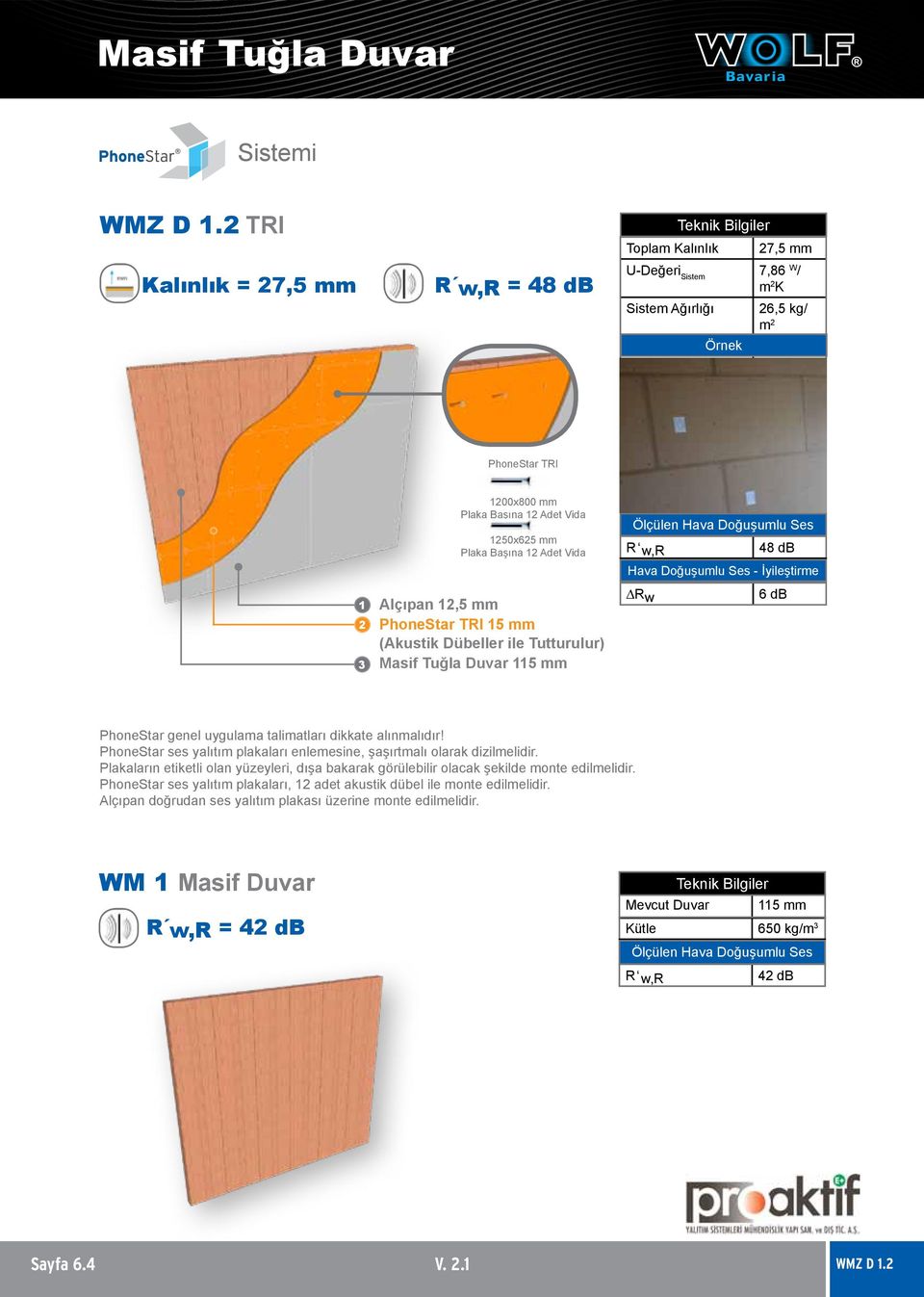 TRI 5 mm (Akustik Dübeller ile Tutturulur) Masif Tuğla Duvar 5 mm 48 db 6 db PhoneStar ses yalıtım plakaları enlemesine, şaşırtmalı olarak dizilmelidir.