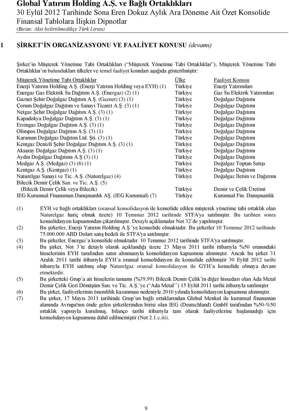 (Enerji Yatırım Holding veya EYH) (1) Türkiye Enerji Yatırımları Energaz Gaz Elektrik Su Dağıtım A.Ş. (Energaz) (2) (1) Türkiye Gaz Su Elektrik Yatırımları Gaznet Şehir Doğalgaz Dağıtım A.Ş. (Gaznet) (3) (1) Türkiye Doğalgaz Dağıtımı Çorum Doğalgaz Dağıtım ve Sanayi Ticaret A.