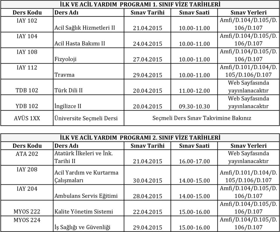 SINIF VİZE TARİHLERİ IAY 208 IAY 204 Acil Yardım ve Kurtarma Çalışmaları 30.04.2015 14.00-15.00 Ambulans Servis Eğitimi 28.04.2015 14.00-15.00 MYOS 222 Kalite Yönetim Sistemi 22.