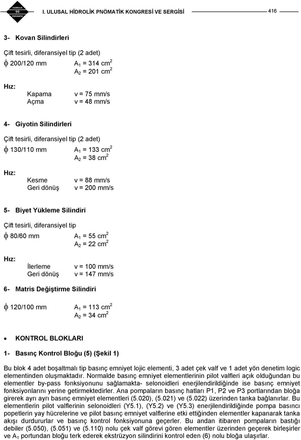 2 = 22 cm 2 Hız: İlerleme Geri dönüş v = 100 mm/s v = 147 mm/s 6- Matris Değiştirme Silindiri φ 120/100 mm A 1 = 113 cm 2 A 2 = 34 cm 2 KONTROL BLOKLARI 1- Basınç Kontrol Bloğu (5) (Şekil 1) Bu blok