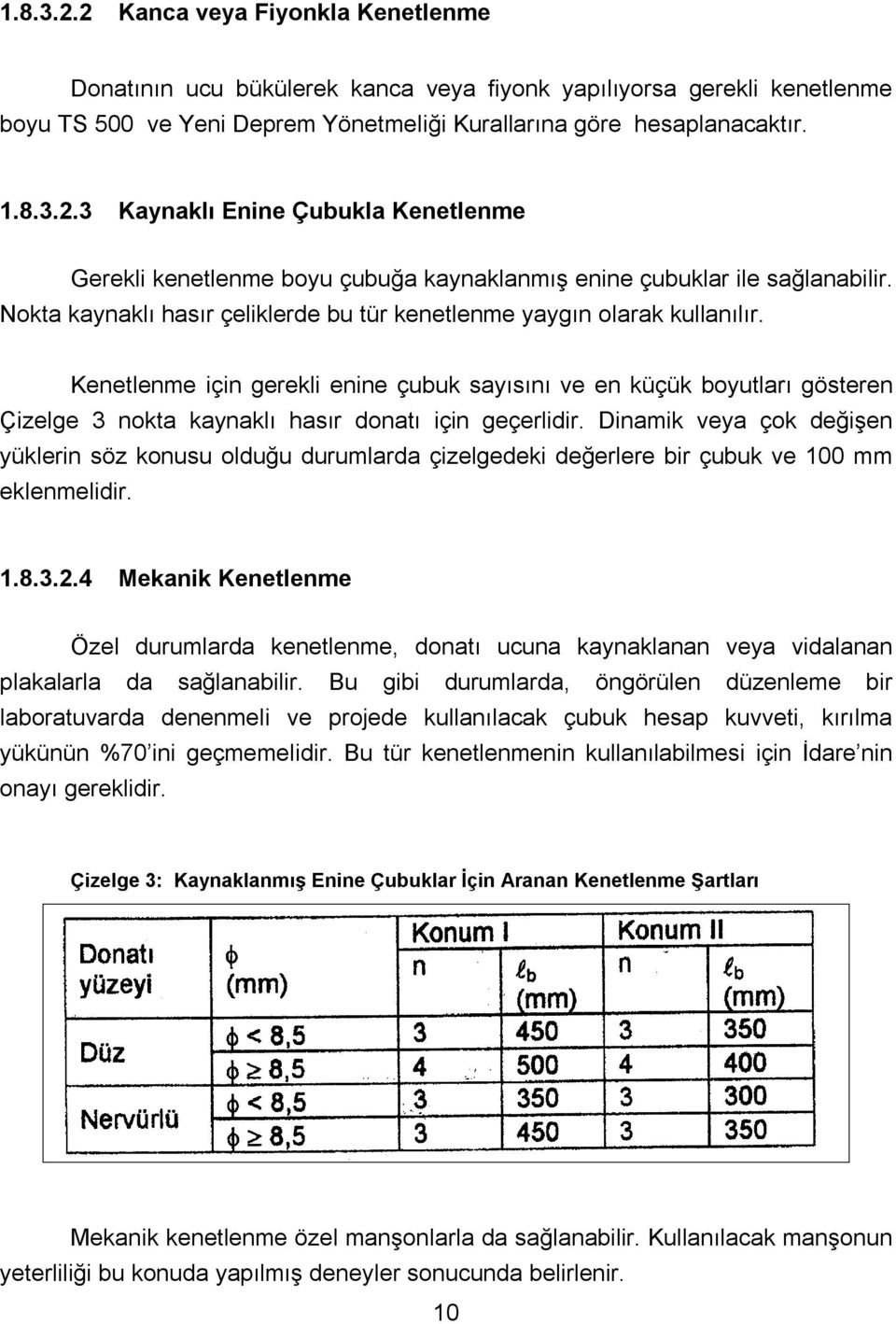 Kenetlenme için gerekli enine çubuk sayısını ve en küçük boyutları gösteren Çizelge 3 nokta kaynaklı hasır donatı için geçerlidir.