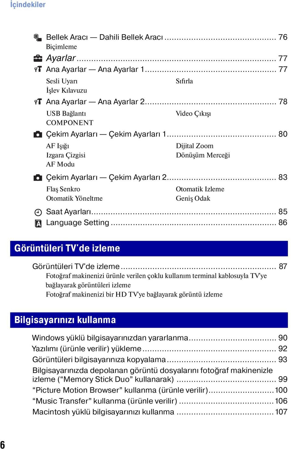 .. 83 Flaş Senkro Otomatik Yöneltme Video Çıkışı Dijital Zoom Dönüşüm Merceği Otomatik İzleme Geniş Odak Saat Ayarları... 85 Language Setting... 86 Görüntüleri TV'de izleme Görüntüleri TV'de izleme.