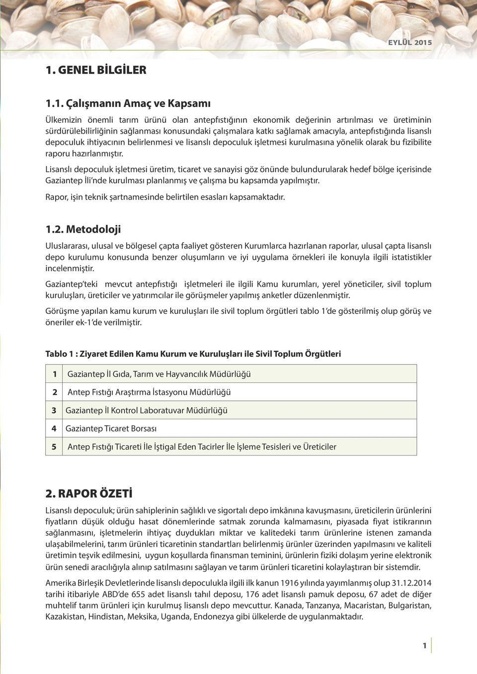 çalışmalara katkı sağlamak amacıyla, antepfıstığında lisanslı depoculuk ihtiyacının belirlenmesi ve lisanslı depoculuk işletmesi kurulmasına yönelik olarak bu fizibilite raporu hazırlanmıştır.