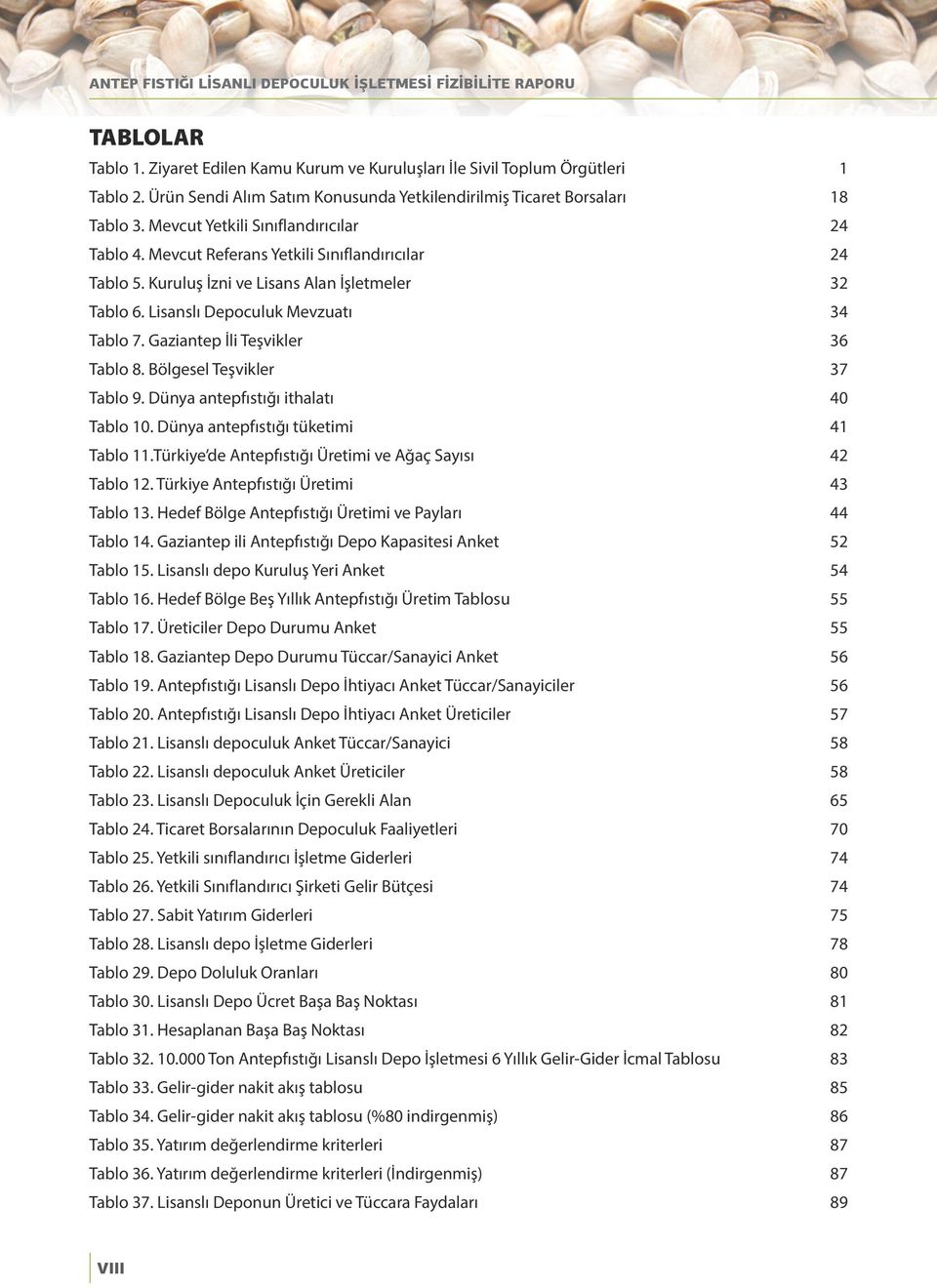 Kuruluş İzni ve Lisans Alan İşletmeler 32 Tablo 6. Lisanslı Depoculuk Mevzuatı 34 Tablo 7. Gaziantep İli Teşvikler 36 Tablo 8. Bölgesel Teşvikler 37 Tablo 9. Dünya antepfıstığı ithalatı 40 Tablo 10.