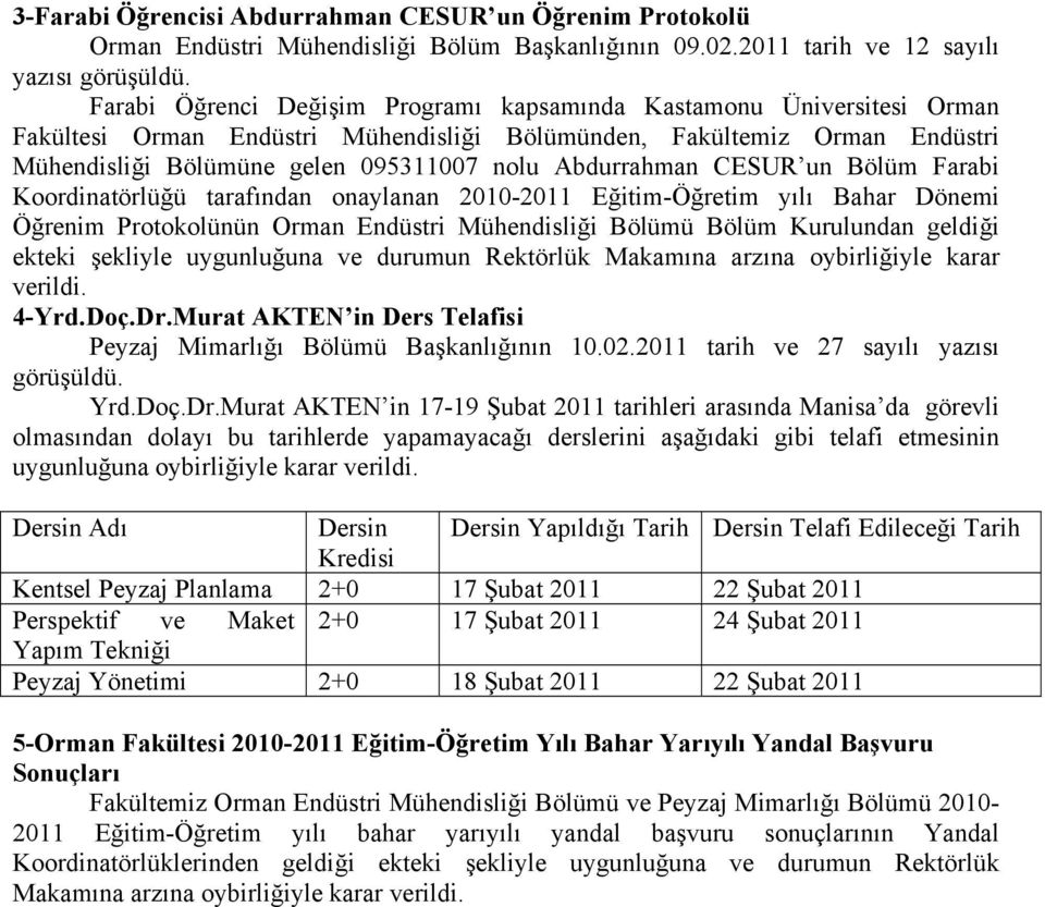 Bölümüne gelen 095311007 nolu Abdurrahman CESUR un Bölüm Farabi Koordinatörlüğü tarafından onaylanan 2010-2011 Eğitim-Öğretim yılı Bahar Dönemi Öğrenim Protokolünün Orman Endüstri Mühendisliği Bölümü