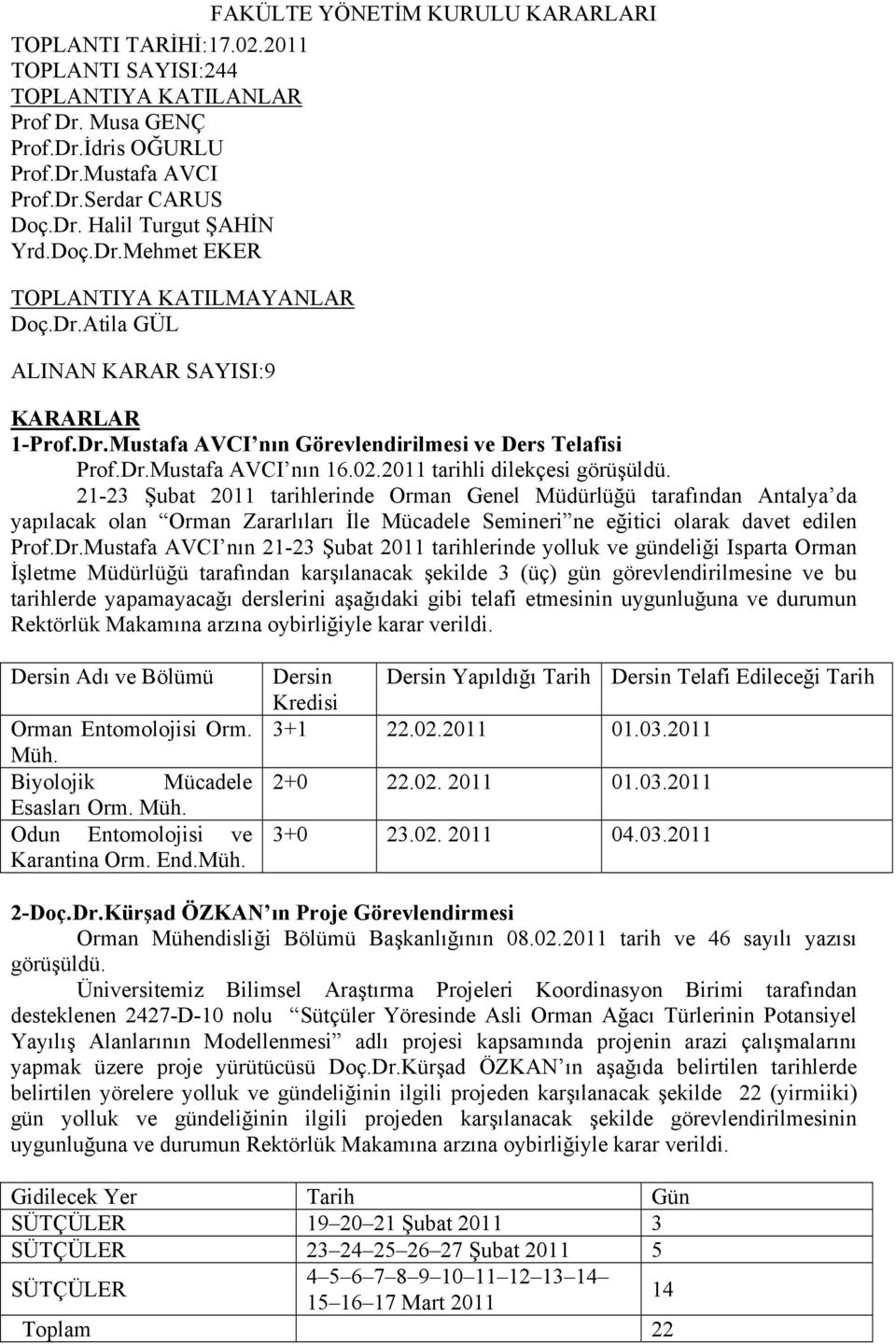 2011 tarihli dilekçesi 21-23 Şubat 2011 tarihlerinde Orman Genel Müdürlüğü tarafından Antalya da yapılacak olan Orman Zararlıları İle Mücadele Semineri ne eğitici olarak davet edilen Prof.Dr.