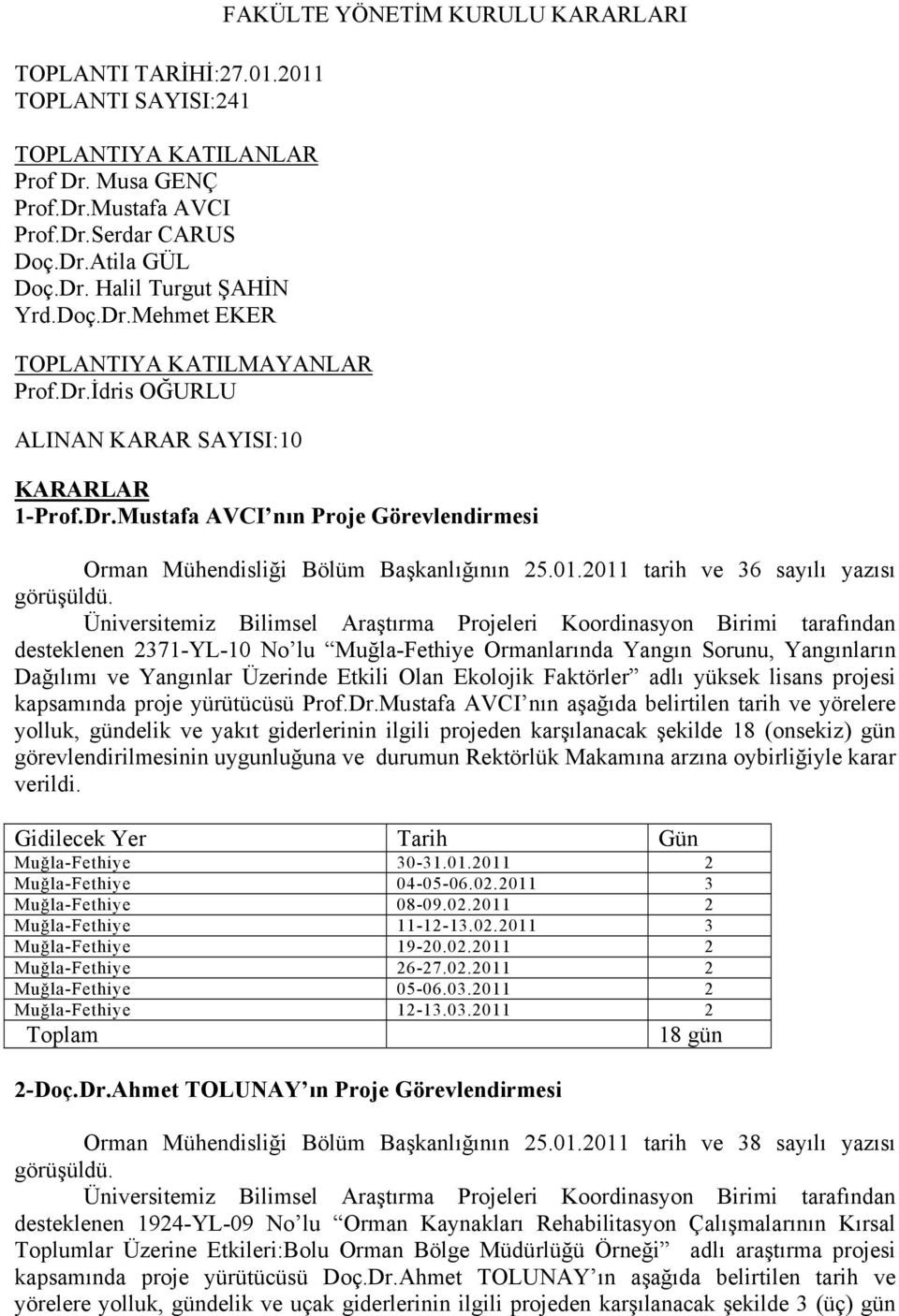 2011 tarih ve 36 sayılı yazısı Üniversitemiz Bilimsel Araştırma Projeleri Koordinasyon Birimi tarafından desteklenen 2371-YL-10 No lu Muğla-Fethiye Ormanlarında Yangın Sorunu, Yangınların Dağılımı ve