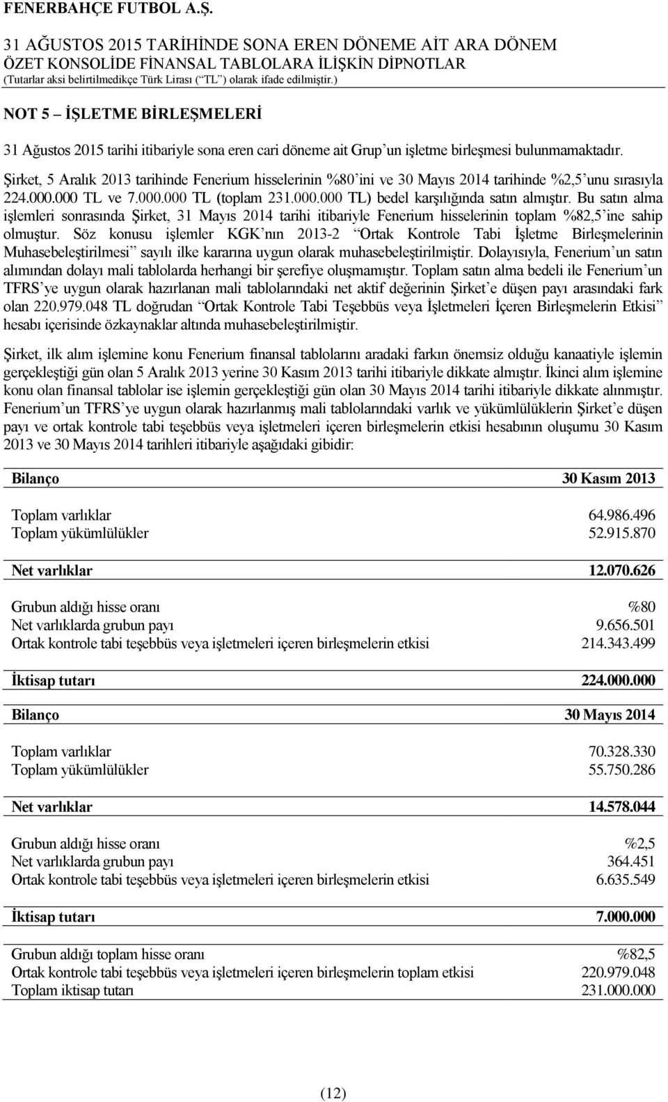 Bu satın alma işlemleri sonrasında Şirket, 31 Mayıs 2014 tarihi itibariyle Fenerium hisselerinin toplam %82,5 ine sahip olmuştur.