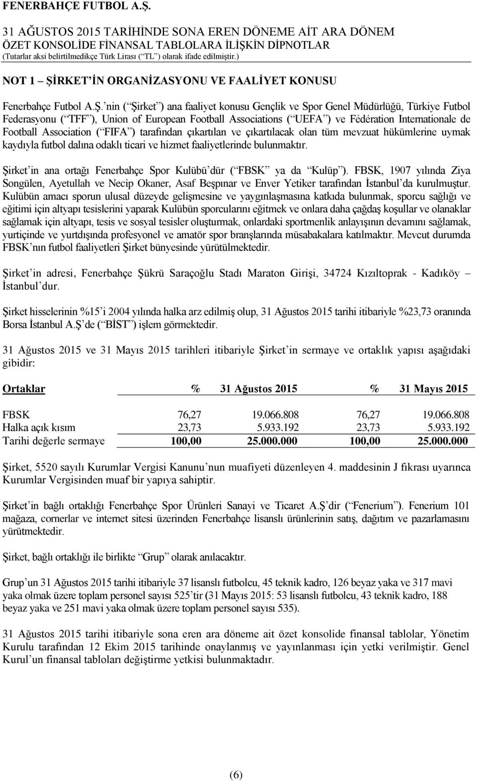 nin ( Şirket ) ana faaliyet konusu Gençlik ve Spor Genel Müdürlüğü, Türkiye Futbol Federasyonu ( TFF ), Union of European Football Associations ( UEFA ) ve Fédération Internationale de Football