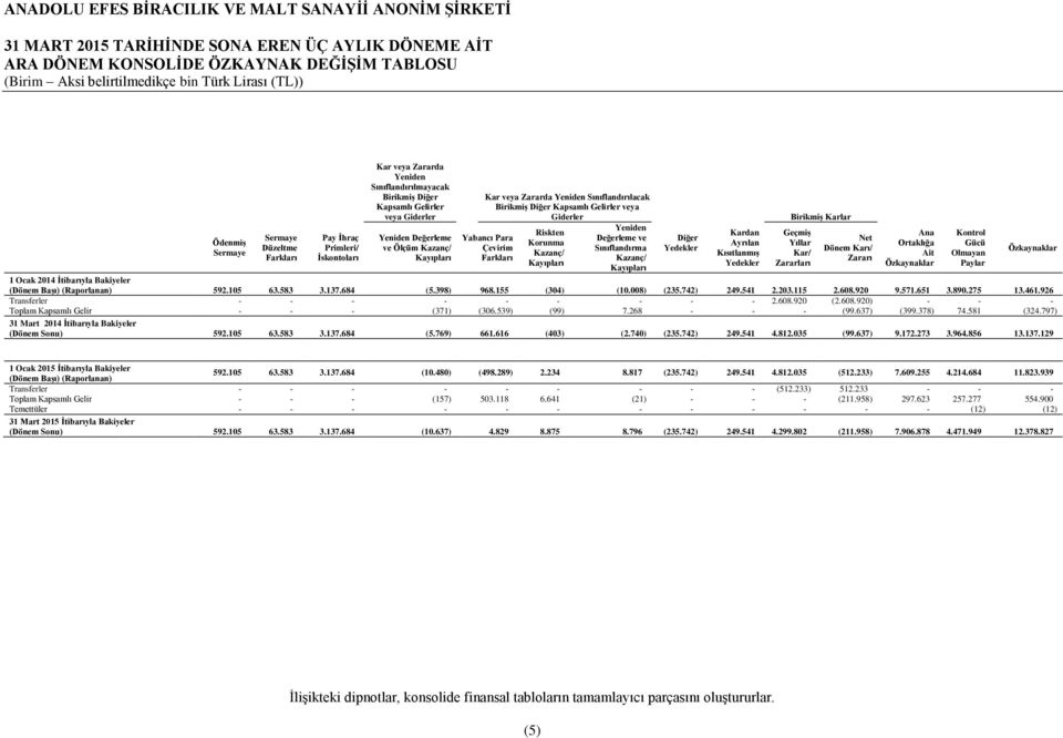 Giderler Yabancı Para Çevirim Farkları Riskten Korunma Kazanç/ Kayıpları Yeniden Değerleme ve Sınıflandırma Kazanç/ Kayıpları Diğer Yedekler Kardan Ayrılan Kısıtlanmış Yedekler Birikmiş Karlar Geçmiş