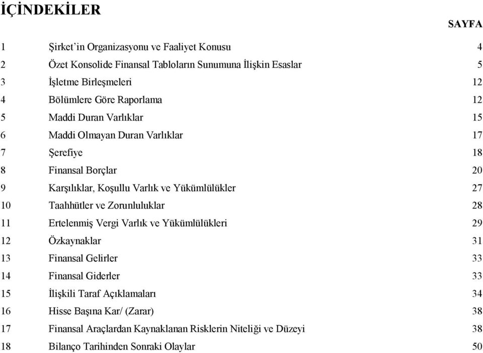 Yükümlülükler 27 10 Taahhütler ve Zorunluluklar 28 11 Ertelenmiş Vergi Varlık ve Yükümlülükleri 29 12 Özkaynaklar 31 13 Finansal Gelirler 33 14 Finansal Giderler