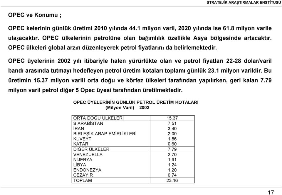 OPEC üyelerinin 2002 yılı itibariyle halen yürürlükte olan ve petrol fiyatları 22-28 dolar/varil bandı arasında tutmayı hedefleyen petrol üretim kotaları toplamı günlük 23.1 milyon varildir.