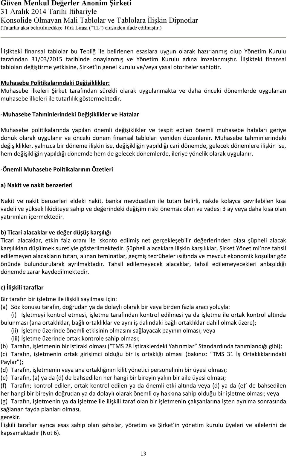 Muhasebe Politikalarındaki Değişiklikler: Muhasebe ilkeleri Şirket tarafından sürekli olarak uygulanmakta ve daha önceki dönemlerde uygulanan muhasebe ilkeleri ile tutarlılık göstermektedir.